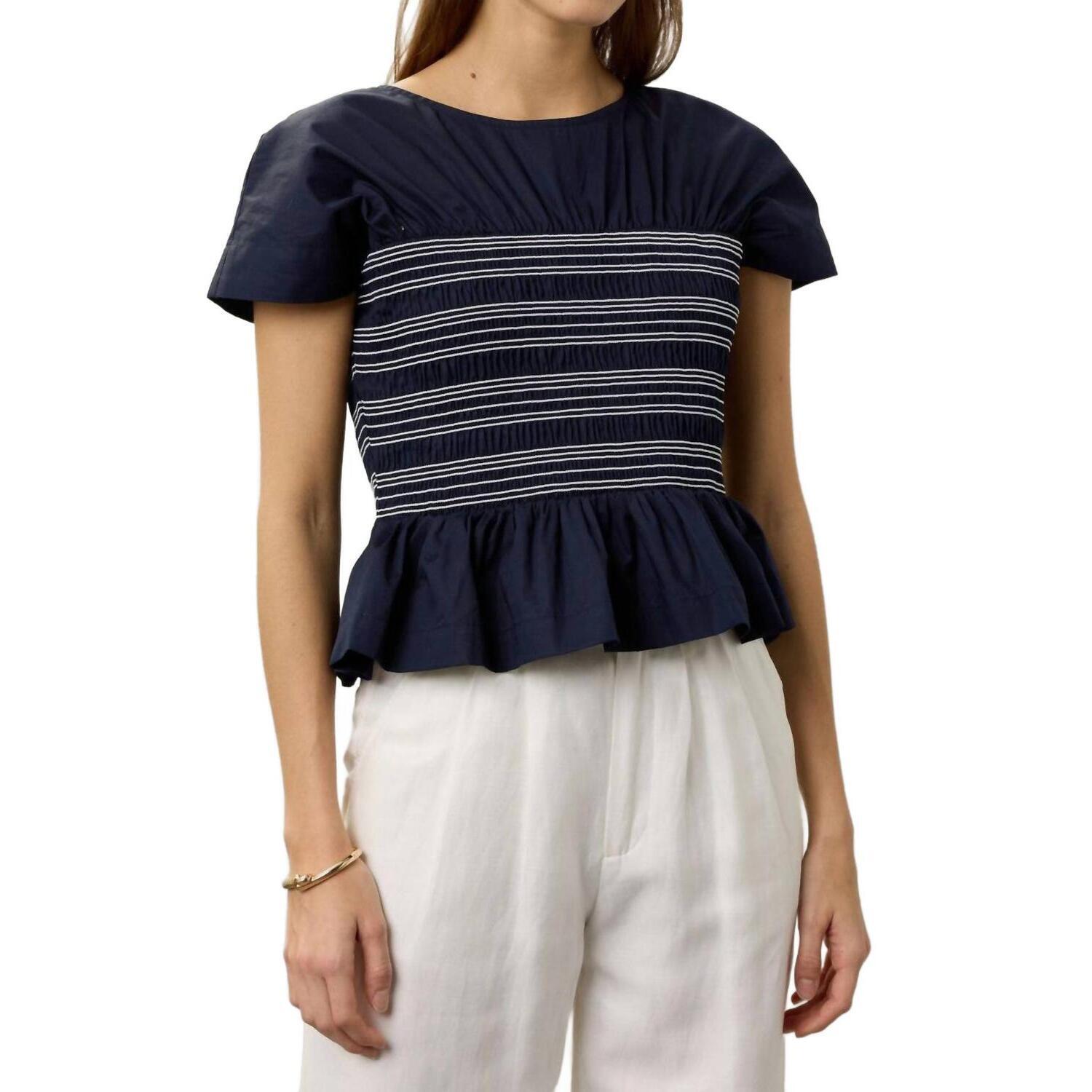 New Peter Som Ruffle Smocked Short Sleeve Blouse In Navy